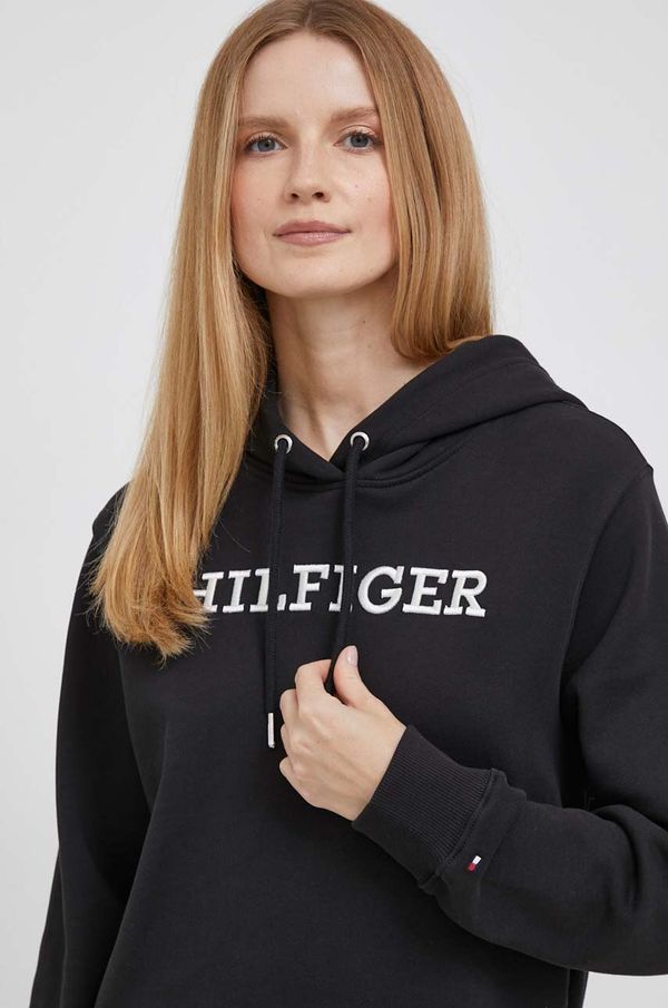 Tommy Hilfiger Pamučna dukserica Tommy Hilfiger za žene, boja: crna, s kapuljačom, s aplikacijom