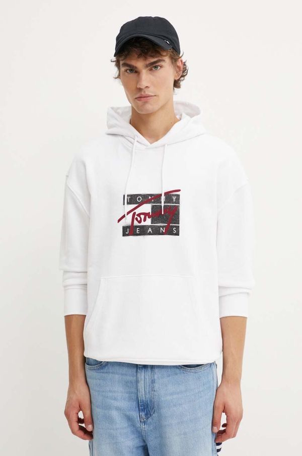 Tommy Jeans Pamučna dukserica Tommy Jeans za muškarce, boja: bijela, s kapuljačom, s tiskom, DM0DM20170