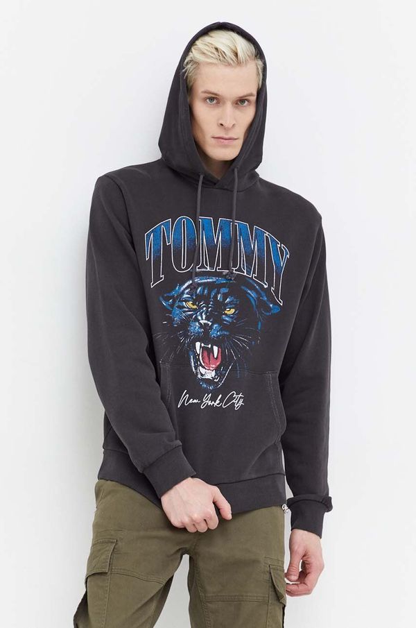 Tommy Jeans Pamučna dukserica Tommy Jeans za muškarce, boja: crna, s kapuljačom, s tiskom