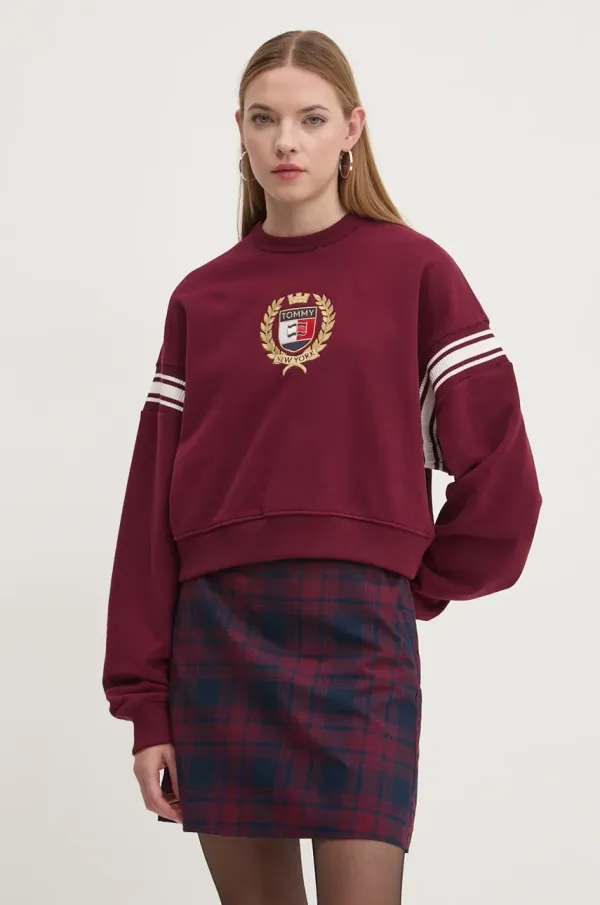 Tommy Jeans Pamučna dukserica Tommy Jeans za žene, boja: bordo, s aplikacijom, DW0DW18772
