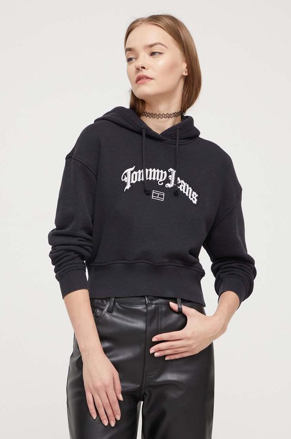 Tommy Jeans Pamučna dukserica Tommy Jeans za žene, boja: crna, s kapuljačom, s aplikacijom