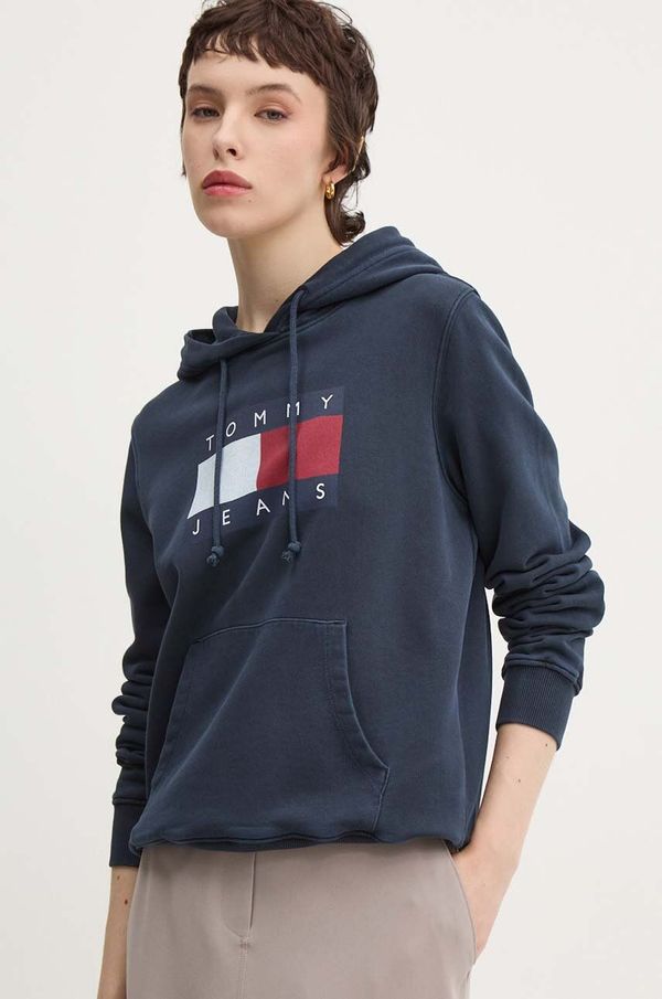 Tommy Jeans Pamučna dukserica Tommy Jeans za žene, boja: tamno plava, s kapuljačom, s tiskom, DW0DW18654