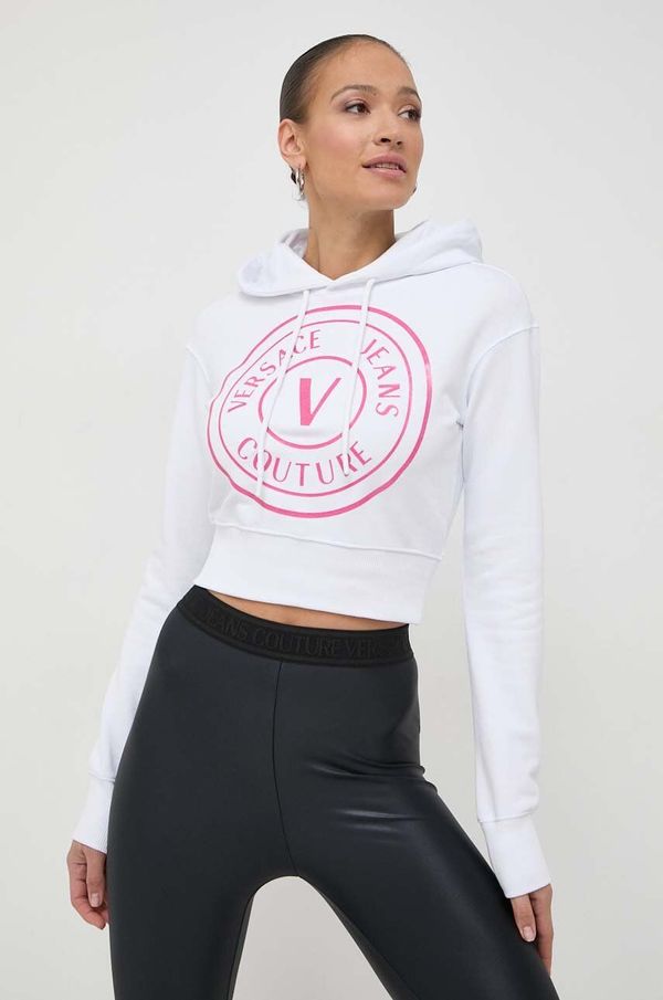 Versace Jeans Couture Pamučna dukserica Versace Jeans Couture za žene, boja: bijela, s kapuljačom, s tiskom