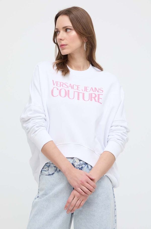 Versace Jeans Couture Pamučna dukserica Versace Jeans Couture za žene, boja: bijela, s kapuljačom, s tiskom