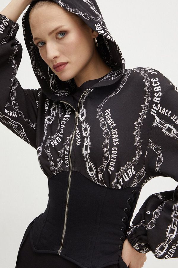 Versace Jeans Couture Pamučna dukserica Versace Jeans Couture za žene, boja: crna, s kapuljačom, s uzorkom, 77HAI3A4 FS159