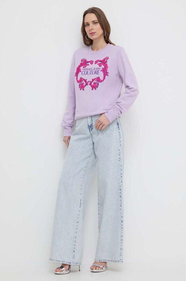 Versace Jeans Couture Pamučna dukserica Versace Jeans Couture za žene, boja: ljubičasta, s tiskom