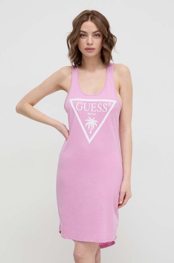 Guess Pamučna haljina Guess boja: ružičasta, mini, ravna