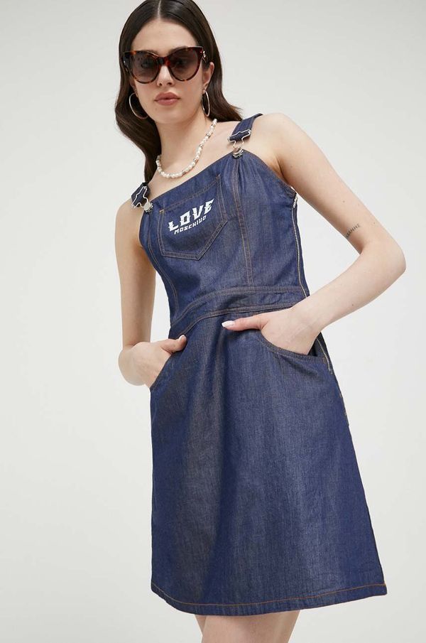 Love Moschino Pamučna haljina Love Moschino boja: tamno plava, mini, širi se prema dolje
