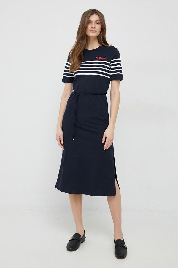 Tommy Hilfiger Pamučna haljina Tommy Hilfiger boja: tamno plava, midi, ravna
