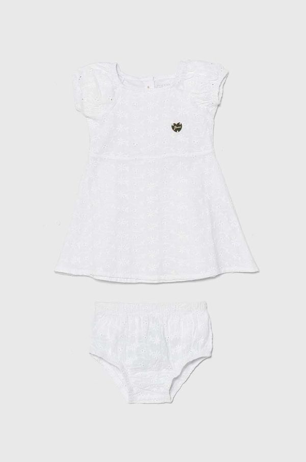 Guess Pamučna haljina za bebe Guess boja: bijela, mini, širi se prema dolje