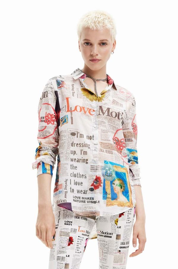 Desigual Pamučna košulja Desigual za žene, boja: bijela, regular, s klasičnim ovratnikom