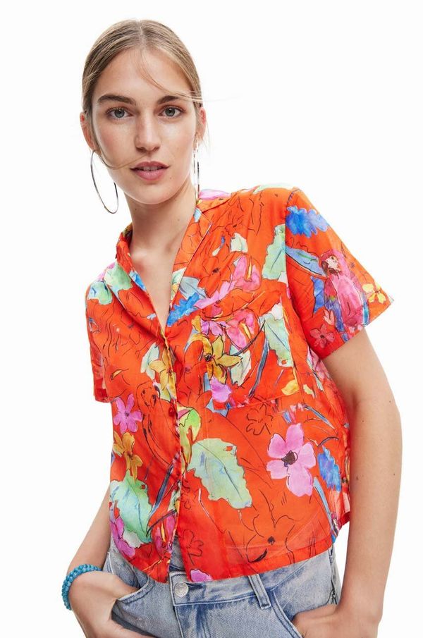 Desigual Pamučna košulja Desigual za žene, boja: crvena, relaxed, s klasičnim ovratnikom
