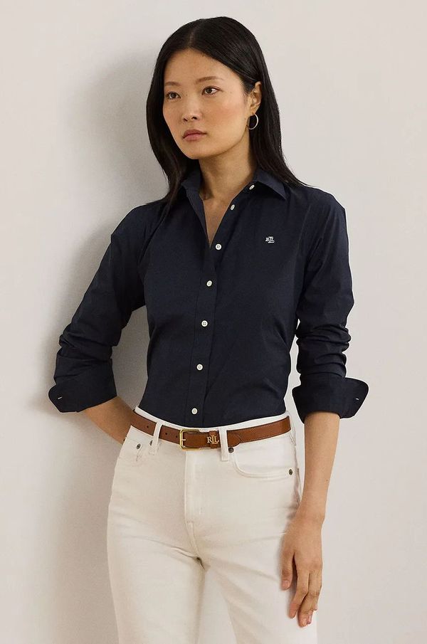 Lauren Ralph Lauren Pamučna košulja Lauren Ralph Lauren za žene, boja: tamno plava, slim, s klasičnim ovratnikom, 200684553
