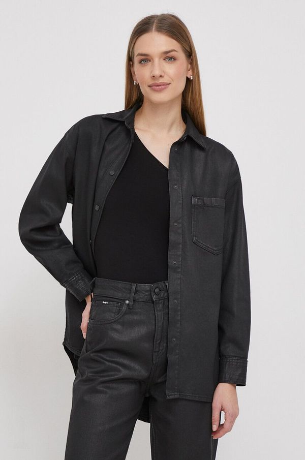 Pepe Jeans Pamučna košulja Pepe Jeans ALIX COATED za žene, boja: crna, relaxed, s klasičnim ovratnikom