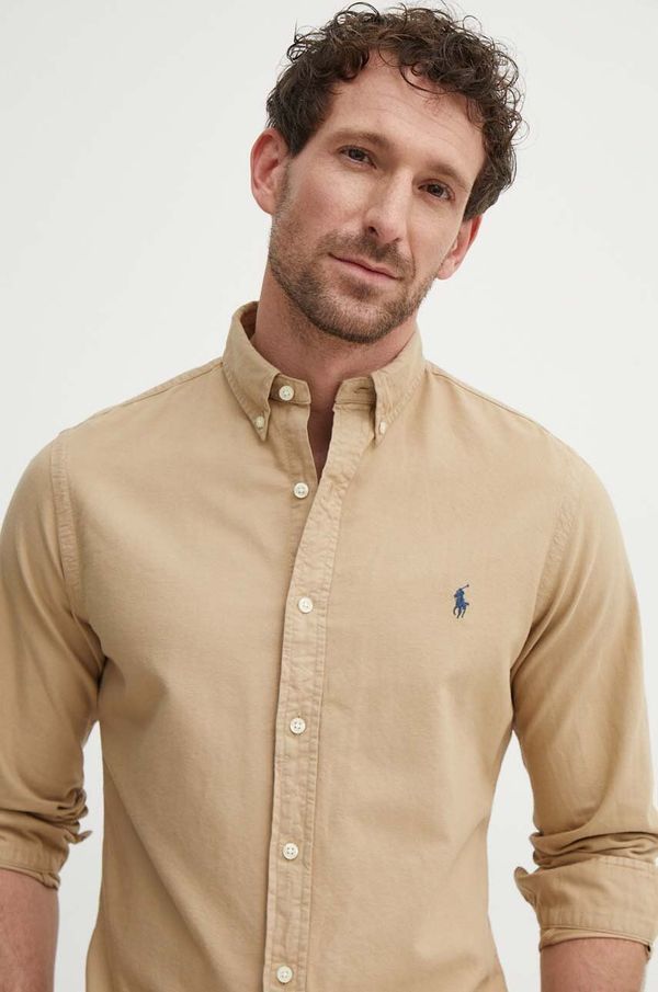 Polo Ralph Lauren Pamučna košulja Polo Ralph Lauren za muškarce, boja: bež, regular, s button-down ovratnikom, 710889739001