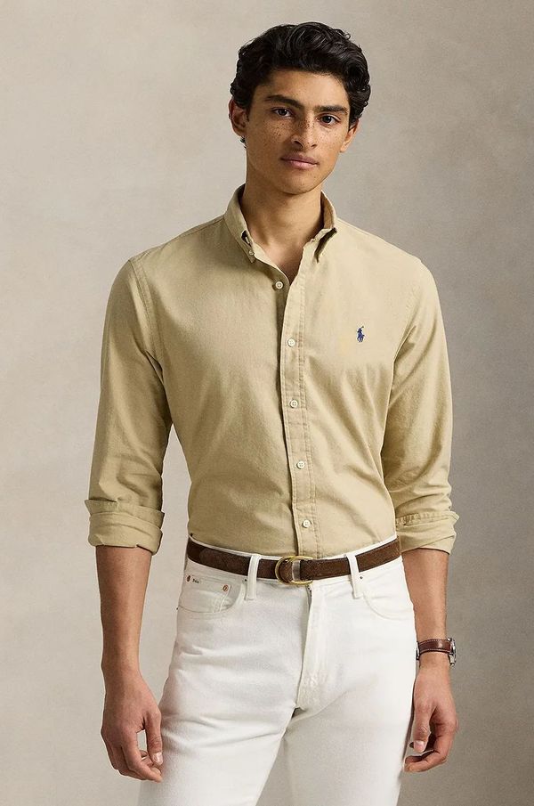 Polo Ralph Lauren Pamučna košulja Polo Ralph Lauren za muškarce, boja: bež, slim, s button-down ovratnikom, 710960643