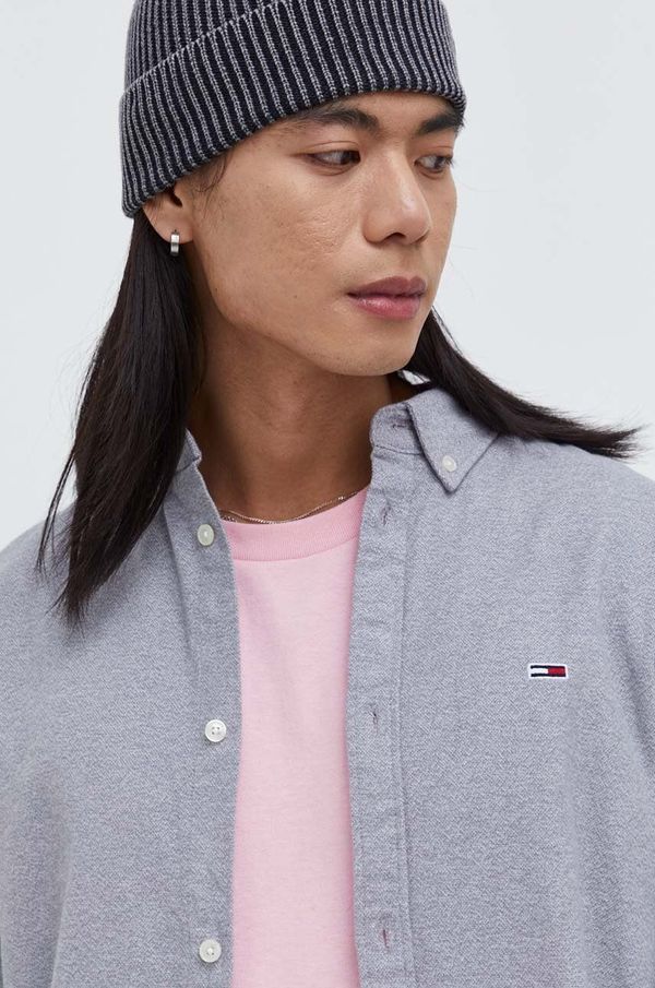 Tommy Jeans Pamučna košulja Tommy Jeans za muškarce, boja: siva, regular, s button-down ovratnikom