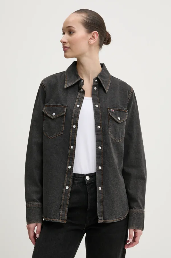 Tommy Jeans Pamučna košulja Tommy Jeans za žene, boja: siva, regular, s klasičnim ovratnikom, DW0DW20179