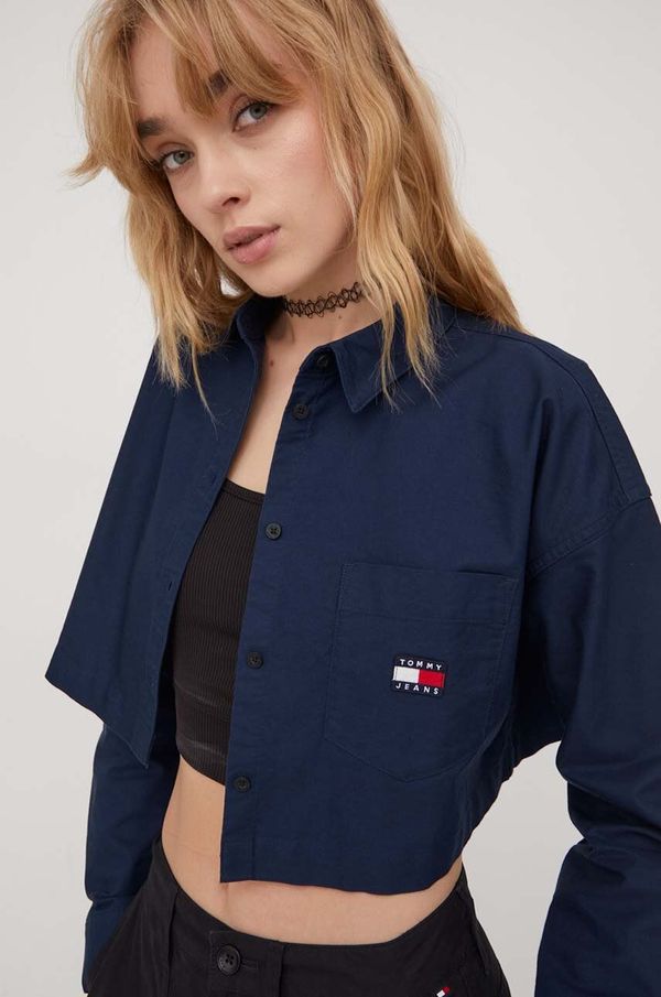 Tommy Jeans Pamučna košulja Tommy Jeans za žene, boja: tamno plava, relaxed, s klasičnim ovratnikom