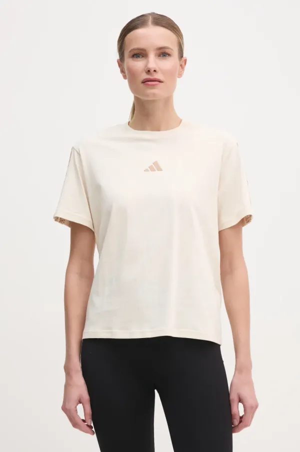 adidas Pamučna majica adidas Essentials Animal za žene, boja: bež, JM1744