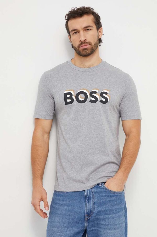 Boss Pamučna majica BOSS za muškarce, boja: siva, s tiskom, 50506923