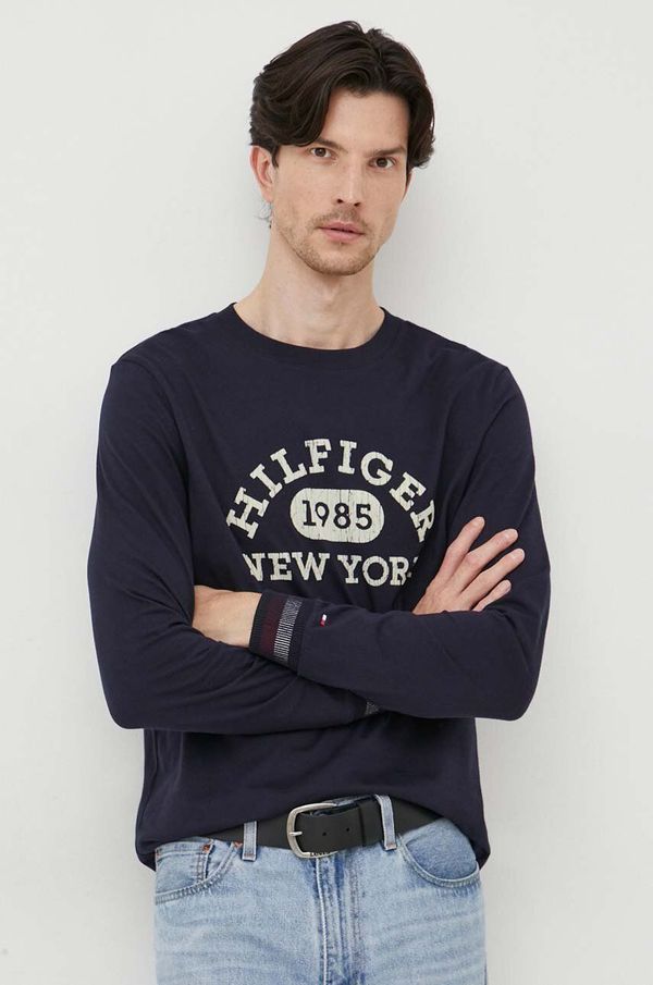 Tommy Hilfiger Pamučna majica dugih rukava Tommy Hilfiger boja: tamno plava, s tiskom