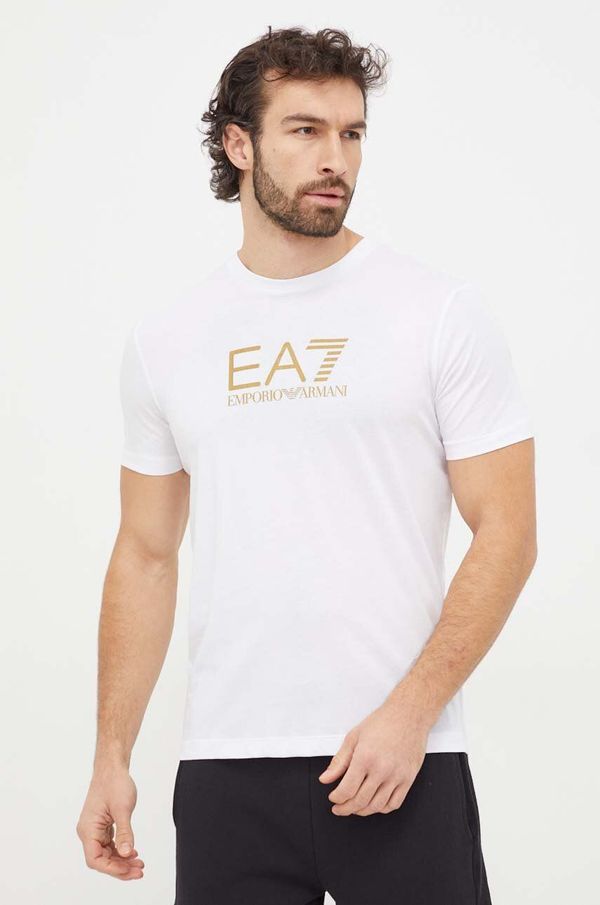 EA7 Emporio Armani Pamučna majica EA7 Emporio Armani za muškarce, boja: bijela, s tiskom