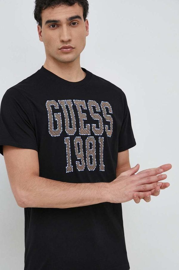 Guess Pamučna majica Guess boja: crna, s aplikacijom