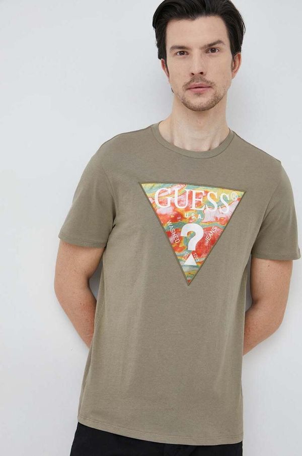 Guess Pamučna majica Guess boja: zelena, s aplikacijom