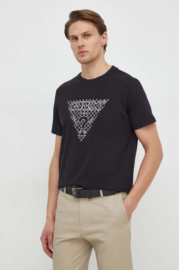 Guess Pamučna majica Guess za muškarce, boja: crna, s aplikacijom