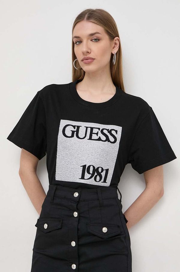 Guess Pamučna majica Guess za žene, boja: crna