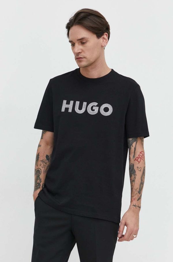 Hugo Pamučna majica HUGO za muškarce, boja: crna, s aplikacijom