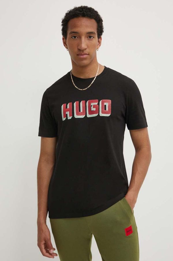 Hugo Pamučna majica HUGO za muškarce, boja: crna, s tiskom, 50516624