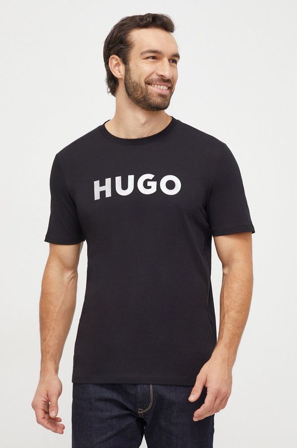 Hugo Pamučna majica HUGO za muškarce, boja: crna, s tiskom