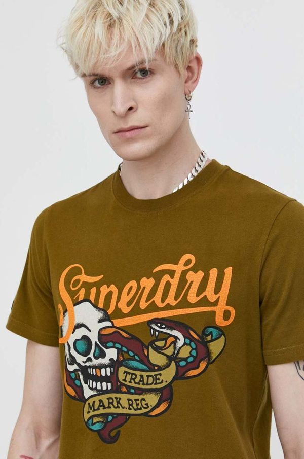 Superdry Pamučna majica Superdry za muškarce, boja: zelena, s tiskom