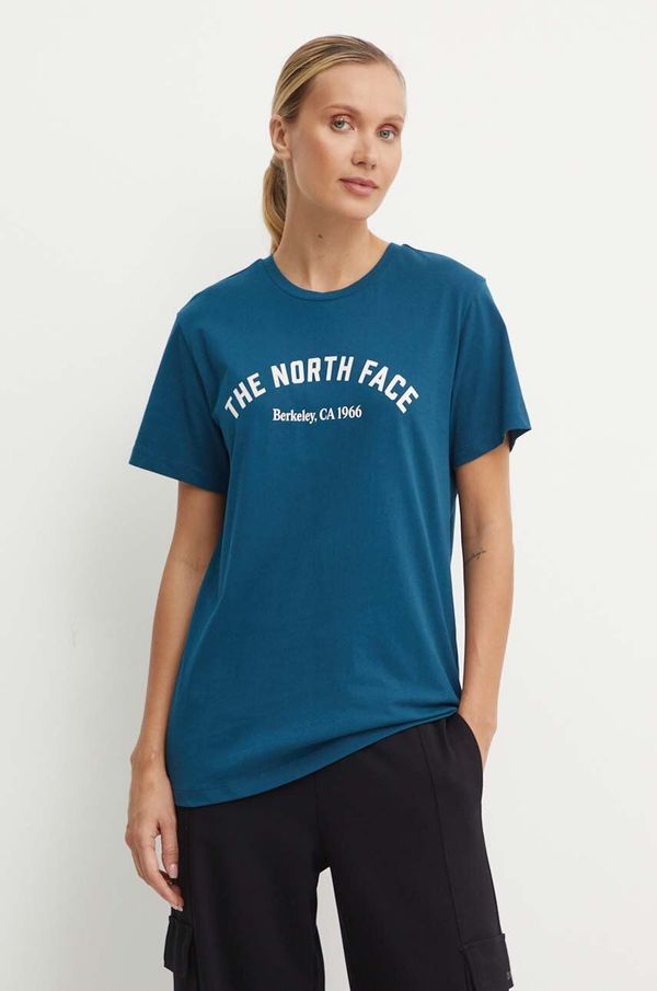 The North Face Pamučna majica The North Face Tee Varsity Graphic za žene, boja: tirkizna, NF0A89CQ1NO1