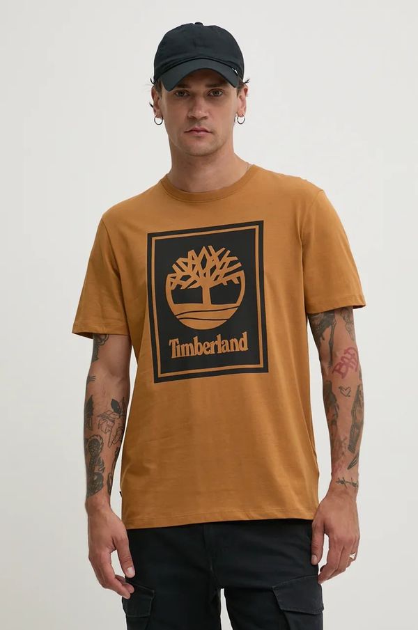 Timberland Pamučna majica Timberland za muškarce, boja: smeđa, s tiskom, TB0A5WQQP571