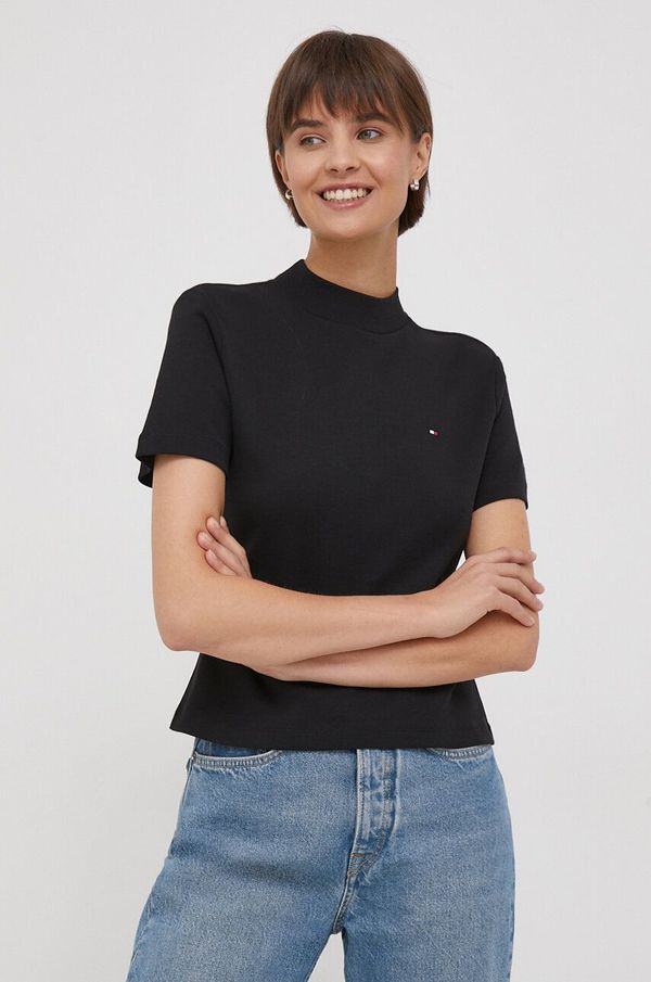 Tommy Hilfiger Pamučna majica Tommy Hilfiger za žene, boja: crna, s poludolčevitom, WW0WW40586