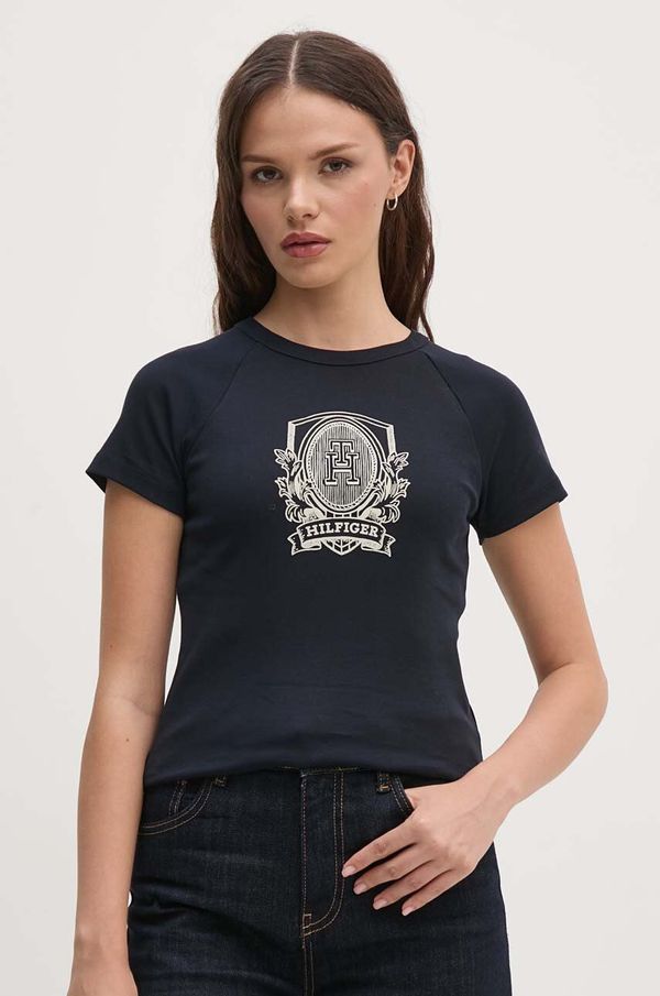 Tommy Hilfiger Pamučna majica Tommy Hilfiger za žene, boja: tamno plava, WW0WW42089