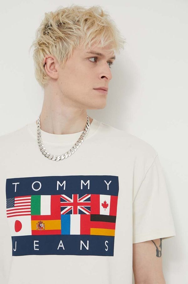 Tommy Jeans Pamučna majica Tommy Jeans Archive Games za muškarce, boja: bež, s tiskom, DM0DM19545