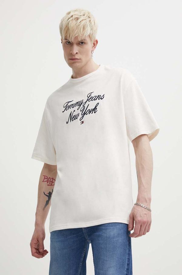 Tommy Jeans Pamučna majica Tommy Jeans za muškarce, boja: bež, s aplikacijom, DM0DM18579
