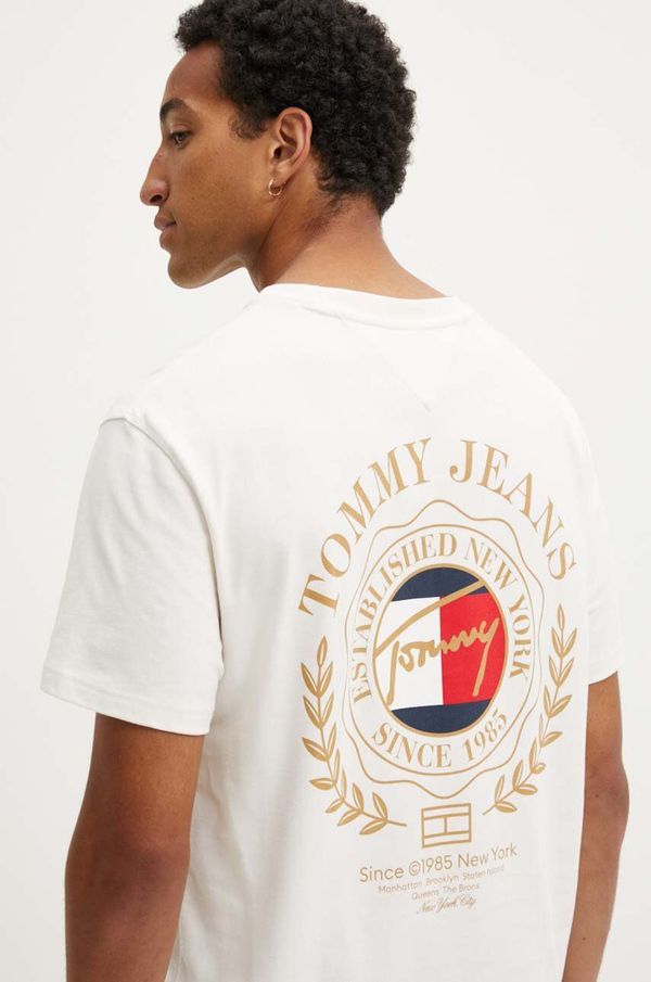 Tommy Jeans Pamučna majica Tommy Jeans za muškarce, boja: bež, s tiskom, DM0DM18540