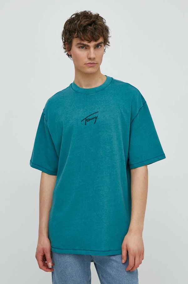 Tommy Jeans Pamučna majica Tommy Jeans za muškarce, boja: tirkizna, s aplikacijom, DM0DM18663