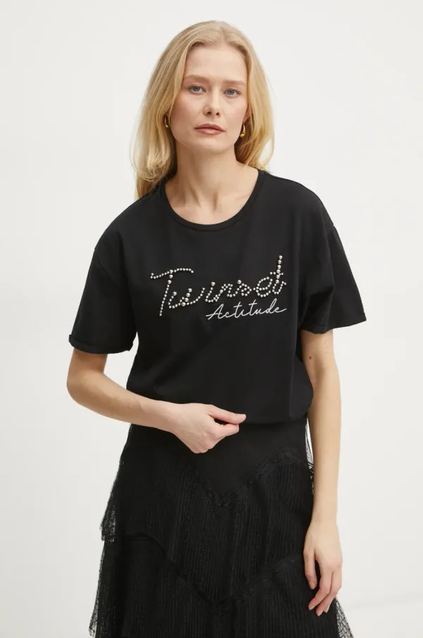 Twinset Pamučna majica Twinset za žene, boja: crna, 251AP2162