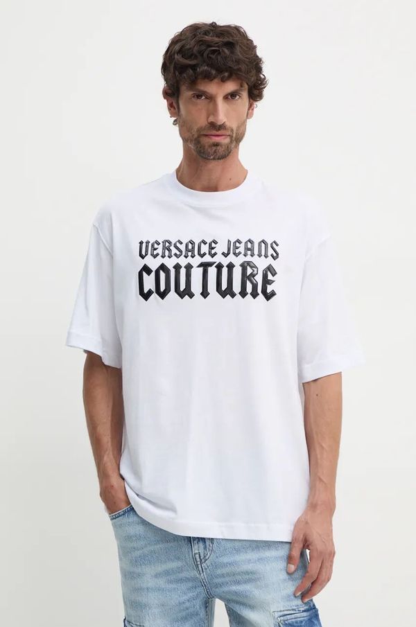 Versace Jeans Couture Pamučna majica Versace Jeans Couture za muškarce, boja: bijela, s tiskom, 77GAHL02 CJ01L