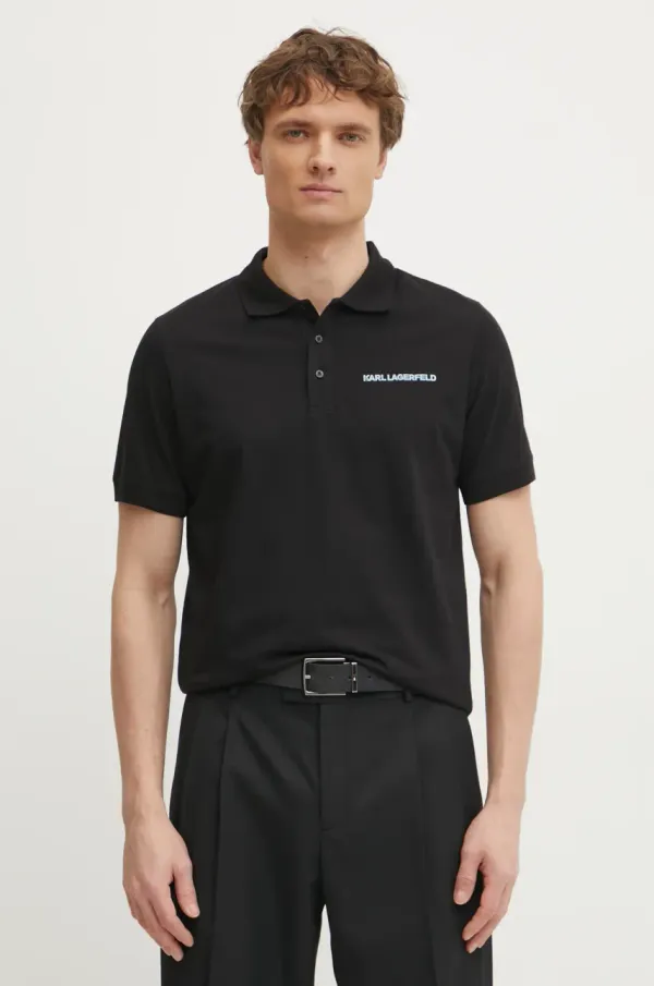 Karl Lagerfeld Pamučna polo majica Karl Lagerfeld za muškarce, boja: crna, s aplikacijom, 551225.745094