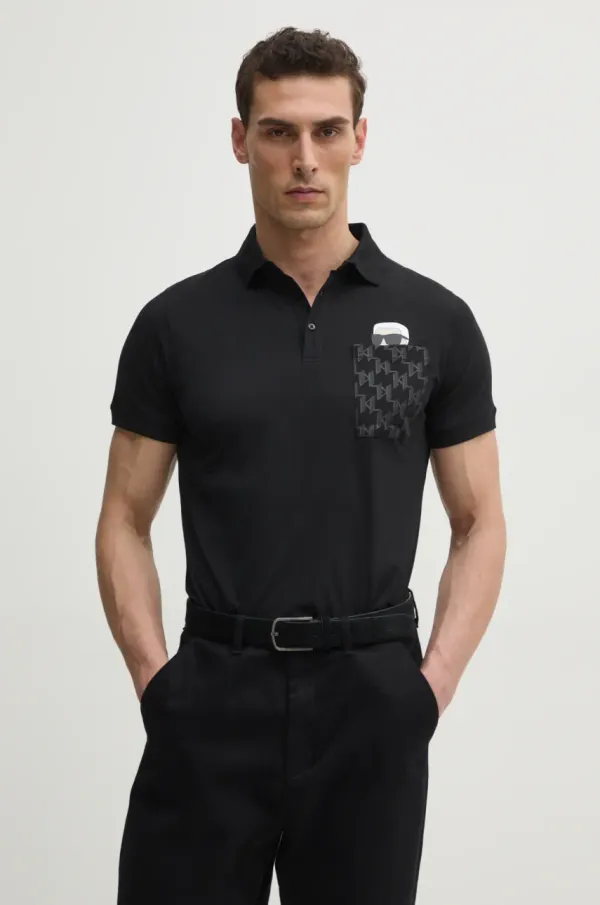 Karl Lagerfeld Pamučna polo majica Karl Lagerfeld za muškarce, boja: crna, s tiskom, 551251.745091