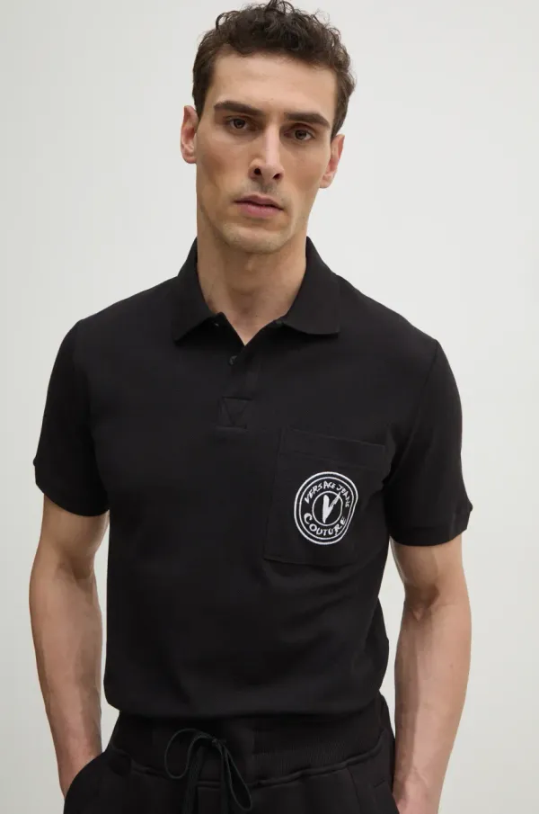 Versace Jeans Couture Pamučna polo majica Versace Jeans Couture za muškarce, boja: crna, s aplikacijom, 78GAGT01 CJ01T