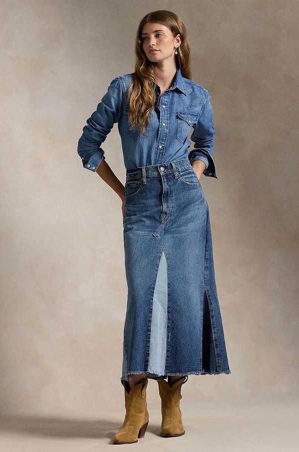 Polo Ralph Lauren Pamučna traper suknja Polo Ralph Lauren midi, širi se prema dolje, 211940712