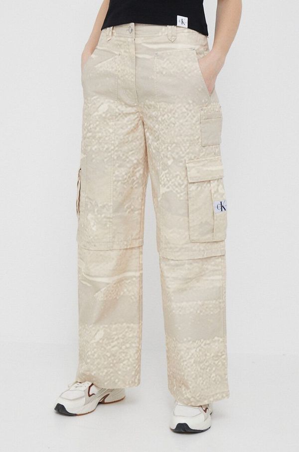 Calvin Klein Jeans Pamučne hlače Calvin Klein Jeans boja: bež, široke, visoki struk